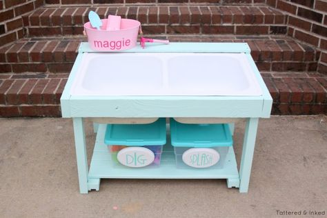 Kids water and sand table from reclaimed kitchen sink by Tattered and Inked featured on @Remodelaholic Reclaimed Kitchen, Den Furniture, Water Table Activities, Metal Sink, Old Sink, Kids Activity Table, Outdoor Play Areas, Water Tables, Sand And Water Table