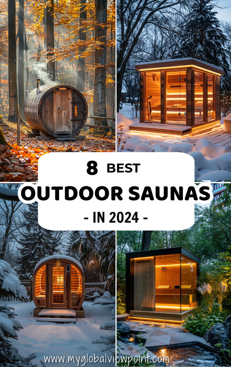 Collage of some of the best outdoor saunas in scenic locations, including snowy forests and lush greenery. Outdoor Sauna Kits Backyard, Build Sauna Outdoor, Sauna Backyard Ideas, Sauna Kits Outdoor, Infrared Sauna Outdoor, Scandinavian Sauna Outdoor, Off Grid Sauna, Sauna Outdoor Ideas, Home Sauna Outdoor