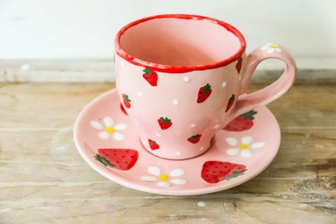 Pottery Mug Painting, Strawberry Pottery, Mug Painting, Diy Pottery Painting, Pottery Painting Designs, Diy Pottery, Pottery Mug, East Sussex, Pottery Mugs