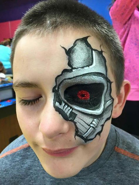 Cyborg eye -- w/painted eyelid Terminator Face Paint, Boys Face Painting Ideas, Superhero Face Paint, Terminator Makeup, Superhero Face Painting, Halloween Smink, Eye Face Painting, Face Painting For Boys, Face Painting Easy