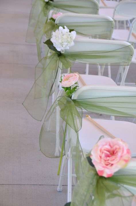 Metal Folding Chair Makeover For Wedding, Church Aisle Decorations, Barn Wedding Decor, Sweet 15 Party Ideas Quinceanera, Roses And Hydrangeas, Wedding Chair Sashes, Wedding Chair Decorations, Wedding Decor Ideas, Willow Green