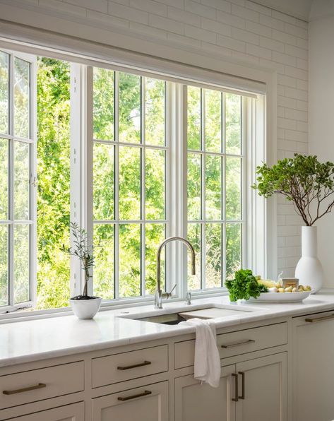 Kitchen With Windows Beside Range, Window Trim Kitchen Sink, Kitchen With French Windows, French Windows Kitchen, Kitchen Window Flush With Counter, Kitchen Cased Opening, Picture Window Above Kitchen Sink, Large Kitchen Sink Window, Kitchen Casement Windows Over Sink