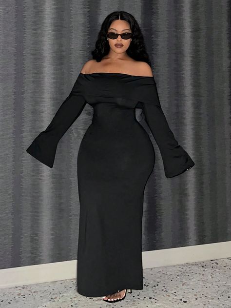 Black Elegant Collar Long Sleeve Knitted Fabric Plain Bodycon Embellished Medium Stretch  Women Plus Clothing Dresses For Party Night, Plus Size Dresses For Party, Flared Sleeve Dress, Big Size Dress, Flare Sleeve Dress, Vestido Plus Size, Black Bodycon Dress, Flared Sleeves, Long Sleeve Knit