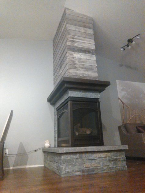 Built Out Fireplace, Fireplace Ledge, Gas Fireplace Makeover, Chimney Ideas, Modern Stone Fireplace, Bedroom Reading Nook, 3 Sided Fireplace, Corner Fireplaces, Fireplace Accent Walls