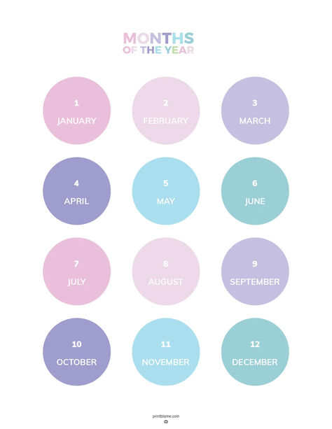 A colorful months of the year chart featuring each month displayed in pastel-colored circles, numbered from 1 to 12. Printable Months Of The Year, Journaling Digital, Learning Printables, A Daily Routine, Bullet Journal Printables, Planners Printables, Preschool Printable, Bold Text, Teaching Children