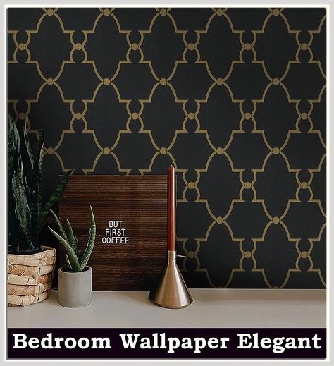 Timeet Peel and Stick Wallpaper Gold and Black Wallpaper Geometric Contact Paper 17.7 "x 118.11" Modern Self Adhesive Wallpaper Removable for Bedroom Living Room Wall Decor Vinyl Half Bath Wallpaper, Half Wall Ideas, Gold Accent Wall, Gold And Black Wallpaper, Modern Trellis, Wallpaper Gold, Wallpaper Geometric, Room Accent Wall, Trellis Wallpaper