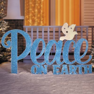 Wish for peace and goodwill this holiday season with the Peace on Earth Christmas Yard Decoration. While weather resistant, the religious decor can also be used indoors or under a covered porch. Peace Christmas Decorations, Peace On Earth Christmas Decorations, Peace On Earth Sign, Wooden Peace Sign, Kentucky Christmas, Peace On Earth Christmas, Holiday Yard Decor, Holiday Fireplace, Stage Ideas