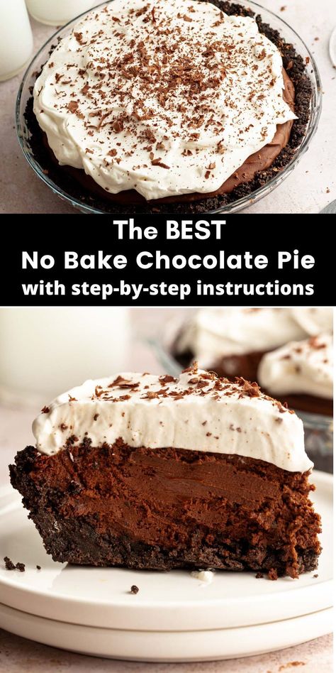 This no bake chocolate pie is made with an oreo cookie crust, topped with a rich chocolate filling that is made with both dark chocolate and cocoa powder, and topped with plenty of freshly made whipped cream. Dark Chocolate Pudding Pie, Pie Recipes Easy No Bake, No Bake Chocolate Cheesecake Pie, Chocolate Pie Filling Recipe, Chocolate Pie Crust Desserts, Chocolate Pie Crust Recipe, No Bake Crust, Chocolate Cream Cheese Pie, No Bake Chocolate Cream Pie