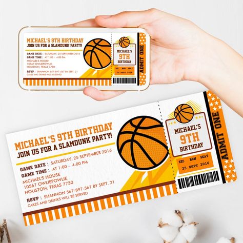 Basketball Ticket Pass Birthday Invitation Nba Birthday Party, All Star Birthday Party, Sport Themed Birthday Party, Basketball Birthday Invitations, Orange Basketball, Basketball Tickets, Basketball Stuff, Star Birthday Party, Basketball Birthday Parties