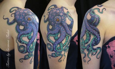 Purple octopus tattooed Suzanna Fisher Damask Tattoo, Ocean Sleeve, Kraken Tattoo, Private Tattoos, Octopus Tattoo Design, Octopus Tattoos, Nautical Tattoo, Octopus Tattoo, Tattoo Portfolio