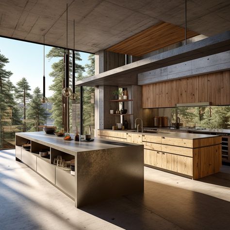 Kitchen With Backyard View, Kitchen With Roof Windows, Timber And Concrete Kitchen, Contemporary Open Kitchen, Houses In The Mountains, Casa Cook, Kitchen Design Plans, Architecture Design Concept, Loft Design