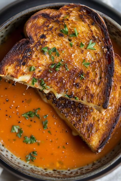 Grilled Cheese and Tomato Soup is a delicious and comforting choice for any mealtime! 🥪🍅 Made with melty cheese and rich, flavorful tomato soup, this classic combo is a delightful blend of creamy and savory flavors. Quick to prepare and bursting with hearty goodness, Grilled Cheese and Tomato Soup is perfect for a cozy lunch or dinner. Indulge in this warm twist on a classic favorite today! 😋🌿 #GrilledCheeseAndTomatoSoup #ComfortFood #HeartyMeals #ClassicFavorites Tomato Bacon Soup, Cozy Dinners Comfort Foods, Tomato Soup And Grilled Cheese Aesthetic, Cozy Soup Aesthetic, Sandwich And Soup Combo, Grilled Cheese Aesthetic, Cozy Winter Food, Grilled Cheese And Soup, Fall Hangout