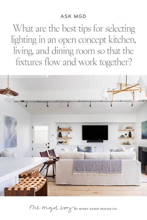 For this month's March Instagram Q&A, we connected with our senior designer to get her feedback on your burning interior design questions. // Light fixtures, lighting ideas, chandeliers, dining room chandelier, dining room lighting, kitchen lighting, modern light fixtures, open concept living space, open concept lighting tips Dinning Room Light Fixture Small Space, Lighting Open Floor Plan, Light Fixtures Open Floor Plan, Open Plan Kitchen Dining Living Lighting, Open Concept Kitchen Living Room Lighting, Living Room Dining Room Combo Lighting, Open Concept Kitchen Dining Living Room Pendant Lights & Chandeliers, Lighting For Open Concept Floor Plan, Kitchen Dining Lighting Ideas