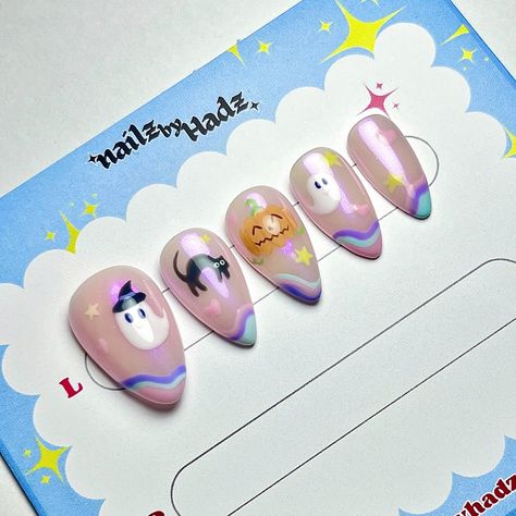 who said halloween always had to be spooky? 🎃✨ my feed is full of stunning, spooky halloween nails at the moment, so i wanted to mix it up and do some cute halloween press on nails with adorable pastel colours 🎀✨ it was so much fun painting these little pumpkin and witchy ghost nail art 🎃💖 i posted a sneak peek of this set as i was designing it on my instagram stories so make sure to follow if you want to see behind the scenes snippets 👻💖 #halloweennails #cutehalloweennails #shortalmon... Ghost Nail Art, Spooky Halloween Nails, Ghost Nail, Halloween Press On Nails, Cute Halloween Nails, Pastel Colours, Who Said, Spooky Halloween, Halloween Nails