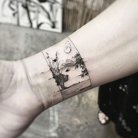 Block Art Tattoo, Tattoos About Living, Womens Small Tattoos, Tattoo Representing Strength, Wrist Cuff Tattoos For Women, Wrist Band Tattoos, Wilderness Tattoo Women, Tattoo Bracelet Wrist, Fine Line Wrist Tattoo