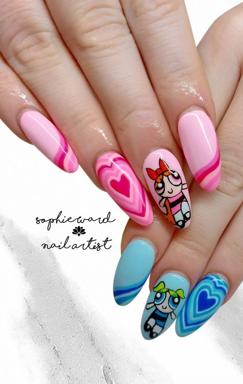 Power Puff Girls Nails, Powerpuff Nails, Powder Puff Girls, Girl Nails, Nail Art Disney, Powerpuff Girl, Power Puff, Nails For Kids, Puff Girl