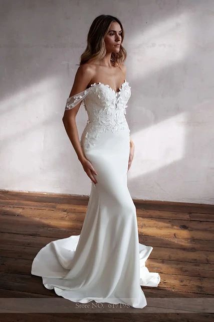 Off Shoulder Mermaid Wedding Gown, Wedding Dresses Off The Shoulder Fitted, Mermaid Lace Off The Shoulder Wedding Dress, Off The Shoulder Form Fitting Wedding Dress, Bardot Silk Wedding Dress, Off The Shoulder Tight Wedding Dress, Wedding Dress Off The Shoulder Mermaid, Lace Bardot Wedding Dress, Sweetheart Satin Wedding Dress