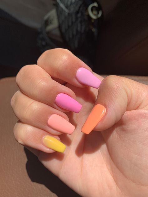 Pastel Orange And Pink Nails, Different Colour Tips Nails, Light Pink And Yellow Nails, Orange Pink Yellow Nails, Pink Yellow And Orange Nails, Pink Orange And Yellow Nails, Orange And Yellow Nail Designs, Yellow Orange Nails, Yellow And Orange Nails