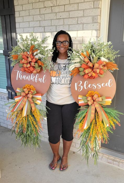 Double Door Hanger Swag Door Swag Door Hanger Swag Door Decor - Etsy Lsu Wooden Door Hangers, Boho Fall Door Hangers, Door Reefs Ideas, Diy Swag Wreath, Diy Fall Door Hangers, Fall Patio Decor, Elegant Fall Wreaths, Making Wreaths, Wreath Storage