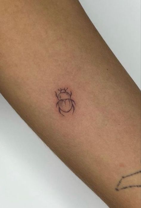 Beetle Outline Tattoo, Minimalist Beetle Tattoo, June Bug Tattoo Simple, Mini Bug Tattoo, The Bug Collector Tattoo, Beetle Bug Tattoo, Junebug Tattoo Ideas, Beetle Finger Tattoo, Matching Beetle Tattoos