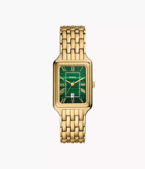 Raquel Three-Hand Date Gold-Tone Stainless Steel Watch - ES5341 - Fossil Green And Gold Watch, Silver And Gold Watch, Womens Work Bag, Fossil Watches Women, Green Watch, Embossed Bag, Minimalist Watch, Silver Bags, Fossil Watch