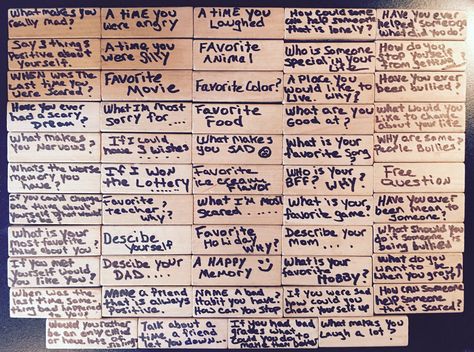 Jenga Counseling. I added a bunch of questions to the Jenga blocks in order to have fun and learn more about them at the same time. Family Jenga Questions, Jenga Counseling Questions, Jenga Questions Therapy, Therapy Jenga Questions, Feelings Jenga, Therapy Jenga, Jenga With A Twist, Jenga Questions, Kids Team Building Activities