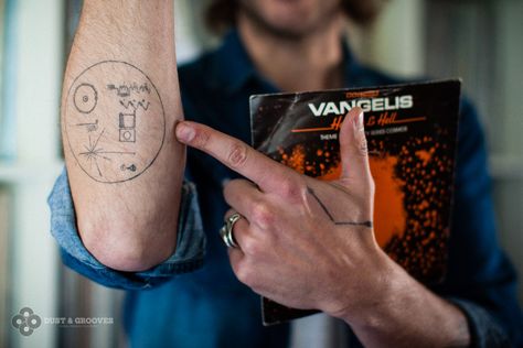 Voyager Tattoo, Pioneer Plaque, Voyager Golden Record, Cosmos Tattoo, Robert Wyatt, Golden Record, Astronaut Tattoo, Brian Eno, Nerd Tattoo