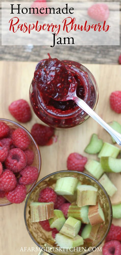 This delicious and easy to make homemade jam is made with raspberries, rhubarb, sugar, lemon juice, and pectin. Raspberry and rhubarb are flavors that go so well together. Raspberry Rhubarb Jam with pectin is sweet and tart for the perfect homemade jam recipe.  #raspberryrhubarbjam #raspberryjam #jam #preserves #homecanning #raspberry #rhubarb #recipe Raspberry Rhubarb Jam No Pectin, Blackberry Rhubarb Jam, Rhubarb Raspberry Recipes, Rhubarb Jelly Recipes, Rhubarb Jam With Pectin, Jam With Pectin, Raspberry Rhubarb Jam, Jam Preserves, Rhubarb Jelly