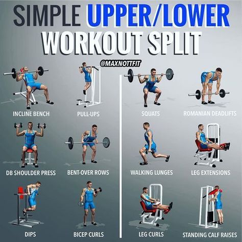 push/pull/legs split, ill sometimes play around with overall upper body and lower body days. split it like this, perhaps one that alternates between strength  hypertrophy days, for anyone hitting the gym 4 days/week. The idea is to prioritize compound movements—those that work across multiple joints at once—in order to maximize the time you spend in the gym and hit as much muscle as possible. beginner upper/lower workout split, with some core isolation added in about 2-3 times per week Splits Workout, Glute Guy, Push Pull Legs Workout, Push Pull Workout, Lower Workout, Compound Movements, Vacation Workout, Workout Split, Push Pull Legs