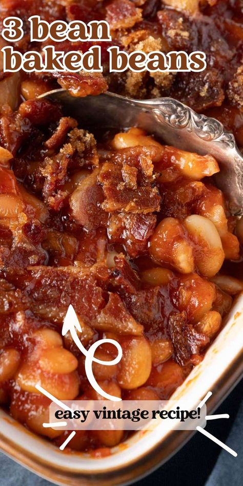 Just 8 ingredients make up this 3 Bean Baked Beans casserole. It's a perfect side dish recipe for your picnic or potluck. Use maple bacon for extra flavor! Perfectly Baked Beans Pioneer Woman, 4 Bean Baked Beans, Taste Of Home Baked Beans, Yummy Beans Recipe, 3 Bean Hotdish, Baked Beans Side Dish, Baked Bean Casserole Recipes, Campfire Beans Recipe, Barbecue Beans Recipe