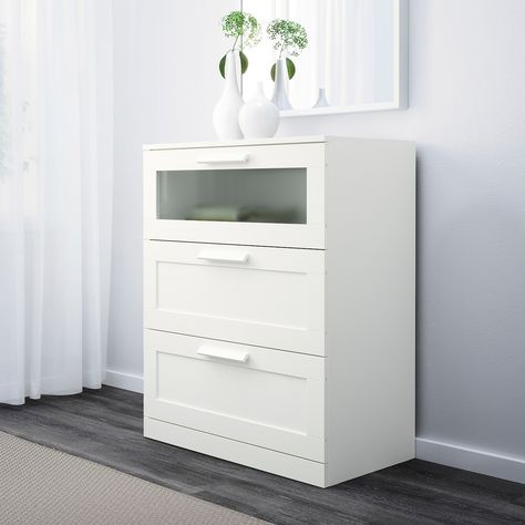 BRIMNES 3-drawer chest, white, frosted glass, 30 3/4x37 3/8" - IKEA Ikea Brimnes Dresser, Brimnes Dresser, Brimnes Headboard, Ikea Brimnes, Terminal Bus, Trendy Furniture, 4 Drawer Dresser, White Dresser, White Chests