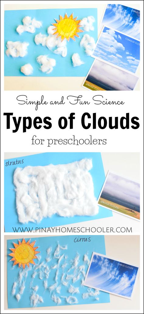 Learning the basic types of clouds for preschoolers. #kidactivities #learning #preschool #crafts #science #weather #montessori Weather Montessori, Weather Activities Preschool, Types Of Clouds, Cloud Activities, Preschool Weather, Learning Preschool, Weather Crafts, Cloud Craft, Weather Theme