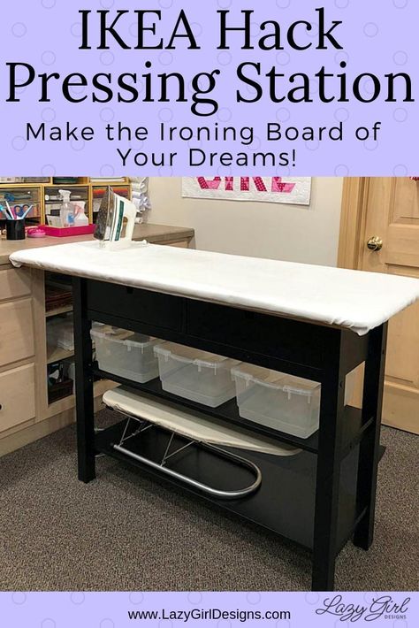 Make the best ironing board and pressing station of your dreams with this easy IKEA hack. Step by step photos and video tour. Large pressing surface with added storage shelves and drawers. Great for sewing and craft supply organization, too. #IroningBoard #Sewing #IKEAhack Ironing Board Shelves, Quilting Ironing Board How To Make, Ikea Ironing Station, Quilting Ironing Station, Ironing Station Ideas, Diy Ironing Station, Ironing Table Design, Ironing Table With Storage, Ikea Ironing Board