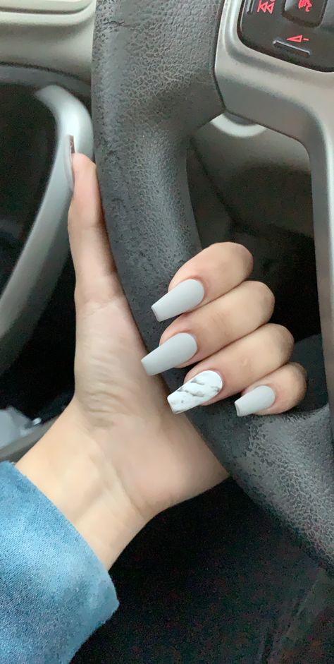 Light grey with marble matte acrylic nails coffin Matte Acrylic Nails Coffin, Acrylic Nails Coffin Ombre, Light Gray Nails, Marble Acrylic Nails, Matte Acrylic Nails, Grey Acrylic Nails, Matte Pink Nails, Coffin Nails Matte, Glitter Nails Acrylic