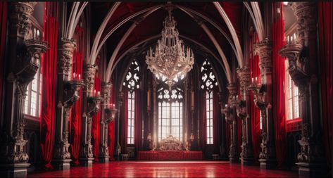 An Ai creation in discord for a mural behind a silver and black gothic canopy bed. I need help getting a high enough resolution to blow up to 15’ x 8’ wall (red and silver prompts as well as a gothic castle interior setting) Red Castle Interior, Vampire Castle Interior, Gothic Mansion Interior, Gothic Bedroom Aesthetic, Gothic Castle Interior, Gothic Canopy Bed, Anglo Gothic, Crystal Tokyo, Gothic Homes