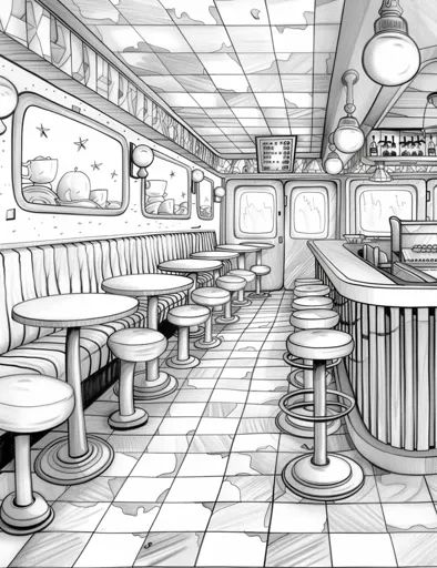 ↑↑↑ Larger size on website 🔸 A black and white illustration of a diner interior. The diner has a long counter with stools and a r 🔸 From Midjourney AI Image American Diner Interior, Diner Drawing, Diner Illustration, Counter With Stools, Stars On The Ceiling, Diner Interior, Classic American Diner, 50s Diner, Retro Diner