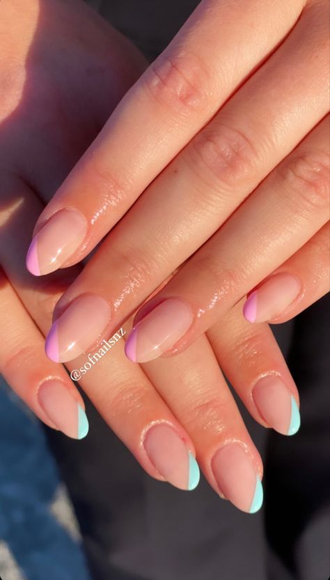 Pink And Blue French Tips, Pink And Blue French Tip Nails, Diagonal French Tip Nails, Oval Nails French, Nailart Aesthetic, Color French Manicure, Blue French Tips, French Manicure Nails, Aesthetic Pretty