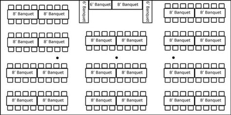 30′ x 60′ w/ Banquet Tables Our tables will be 6 ft so we will modify this layout Wedding Banquet Table Layout, 6ft Rectangle Table Seating Wedding, Wedding Table Layouts Floor Plans, Wedding Table Layout, Seating Layout, Wedding Table Layouts, Buffet Wedding Reception, Table Placement, Wedding Reception Layout