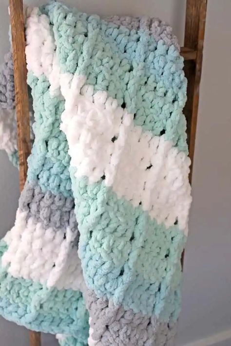 Seafoam Striped Crochet Baby Blanket Free PDF Pattern - A More Crafty Life Beginner Baby Blanket Crochet, Chunky Crochet Baby Blanket, Chunky Yarn Crochet, Chunky Crochet Blanket Pattern, Bernat Baby Blanket Yarn, Free Baby Blanket Patterns, Baby Afghan Crochet Patterns, Modern Crochet Blanket, Stile Boho Chic