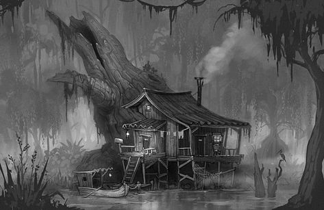 Swamp House, Witch Hut, Witches House, Scary Witch, Witch Cottage, House Sketch, Fish House, Location Inspiration, House Illustration