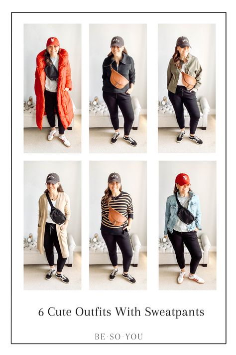 Discover all 10 cute outfits with sweatpants perfect for everything from weekend errands to casual dinners. Sweatpants Outfit For Work, Casual Jogger Outfits Women, Cute Outfits With Sweatpants, Casual Errands Outfit, Sweatpant Outfits, How To Style Sweatpants, Outfits With Sweatpants, Wide Leg Jeans Outfits, Joggers Outfit Women