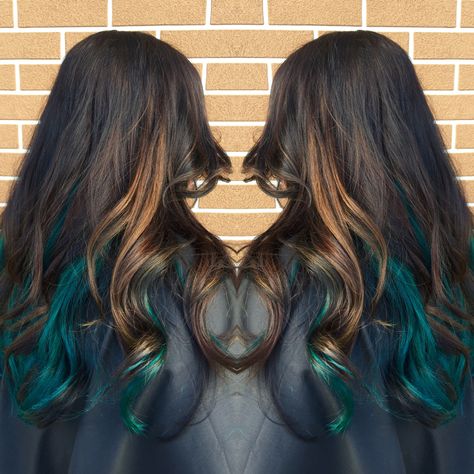 Teal hair  Teal peekaboo  Pravana  Green  Blue  Balayage  Caramel Teal Hair Highlights, Blue Balayage, Balayage Caramel, Blue Green Hair, Natural Straight Hair, Chocolate Brown Hair Color, Peekaboo Hair, Hair Color Streaks, Teal Hair