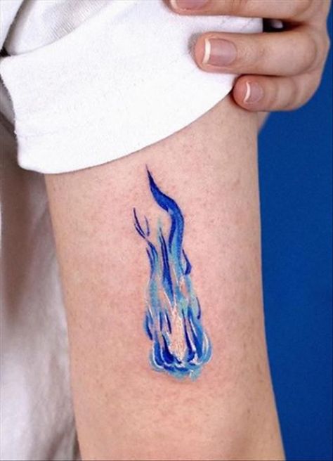 Fire Bending Tattoo, Blue Flame Tattoo Fire, Fire And Ice Matching Tattoos, Violet Flame Tattoo, Ball Of Fire Tattoo, Blue Flames Tattoo, Eternal Flame Tattoo, Fire Pit Tattoo, Fire Tattoos For Women