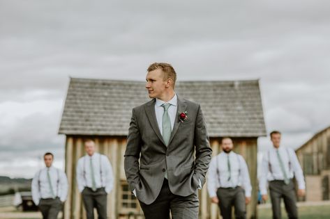 Sage Green Wedding Attire Men, Charcoal Grey And Sage Green Wedding, Sage Green And Gray Wedding, Light Grey Suit Men Wedding, Groomsmen Attire Sage Green, Sage Wedding Groomsmen, Light Grey Suit Men, Tie With Suspenders, Spring Groom