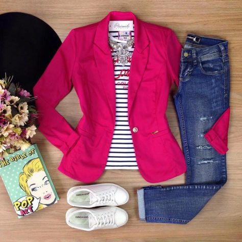 일본 패션, Tennis Shoes Outfit, Foto Tips, Blazer Jeans, Pink Blazer, Casual Work Outfits, Blazer Outfits, Fashion Mode, Business Casual Outfits