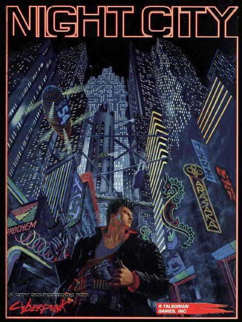 Night City Sourcebook is a highly detailed user guide on Night City, the setting for the Pen and Paper RPG Cyberpunk 2020. Published by R. Talsorian Games in 1991. Written by a team consisting of creator Mike Pondsmith, Ed Bolme, Sam Shirley, Anders Swensen, Colin Fisk, Will Moss, John Smtih, Mike Mac Donald and Lisa Pondsmith and illustrated by a team of Chris Hockabout, Mike Jackson, Phil 'Nacho' Hernandez, Ted Talsorian, Doug Anderson, Matt Anacleto and TK Scott. The Night City Sourcebook als Cyberpunk 2020, Cyberpunk Aesthetic, Cyberpunk City, Arte Cyberpunk, Cyberpunk Art, Cyberpunk 2077, Retro Futurism, Night City, Blade Runner