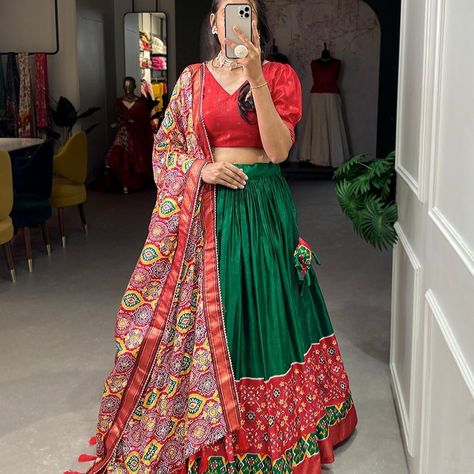 There's a sense of magic in weddings. Twirling lehengas that catch the sun in a thousand winks, traditional dola silk lehenga choicest creations, curated for the season of wedding vibes & bliss. 🥰 ll14l Lehenga(Stitched) Lehenga Fabric : Dola Silk Lehenga Work : Printed with foil work Waist : SUPPORTED UP TO 42 Lehenga Closer : Drawstring With Heavy Tassels and Zip Stitching : Stitched With Canvas and attached with Can Can Length : 42 Flair : 4 Meter Inner : Micro Cotton Blouse(Unstitched... Chaniya Choli For Sangeet, Lehenga For Garba, Lehenga Choli For Navratri, Garba Lehenga, Wedding Chaniya Choli, Choli For Navratri, Tassels Dupatta, Sangeet Lehenga, Lehenga Stitched