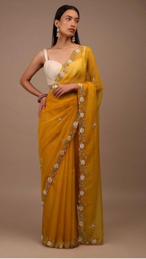 Orange Color Pure Crystal Organza Saree, All Over Floral Prints And Jerkan And Stone Work Beautiful Saree Hand Work Saree Party Wear Saree by Fashion4Women on Etsy Yellow Saree With White Blouse, Yellow Organza Saree, Butti Design, White Silk Blouse, Organza Silk Saree, White Saree, Hand Work Blouse, Yellow Saree, Organza Sarees