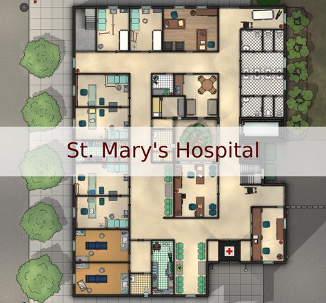 I am thrilled to present St. Mary's Hospital! I am sure your investigators will need to pay a visit to the hospital at some point and this 4-story building (3 floors + basement) is what you need! Bloxburg Hospital Layout Ideas, Sims 4 Mental Hospital, Sims 4 Hospital Build Layout, Hospital Layout Floor Plans, Hospital Plan, Hospital Floor Plan, Medical Equipment Storage, Story Building, Mental Hospital