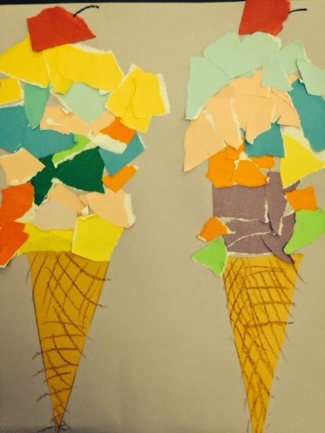 Ice Cream Art Kindergarten, Torn Paper Flower Collage, Torn Paper Art Kindergarten, Collage Preschool Activities, Collage Art Kindergarten, Kindergarten Collage Projects, Pre Kindergarten Art Projects, Kindergarten Collage Art, Art Centers Kindergarten